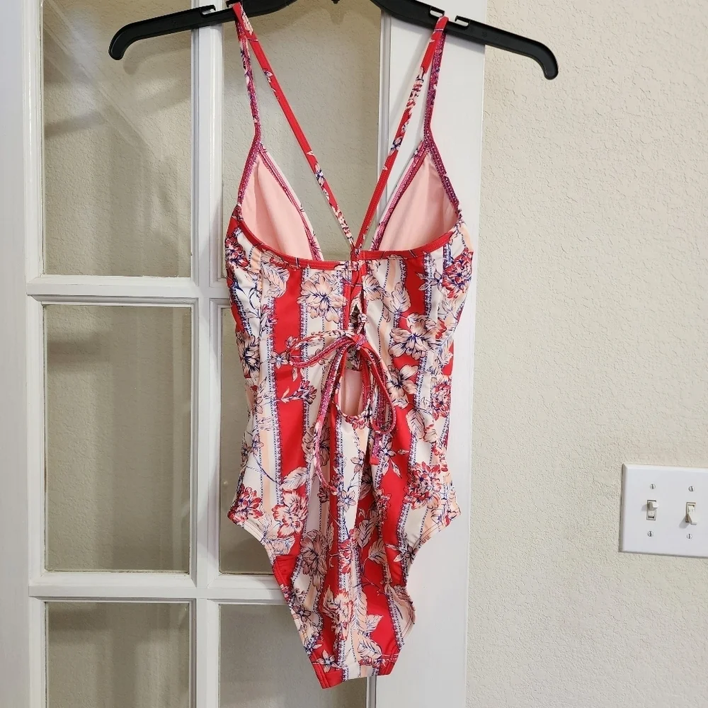 Indigo Rein Floral Lace Up Plunge One Piece Swimsuit Beach Vacation Summer